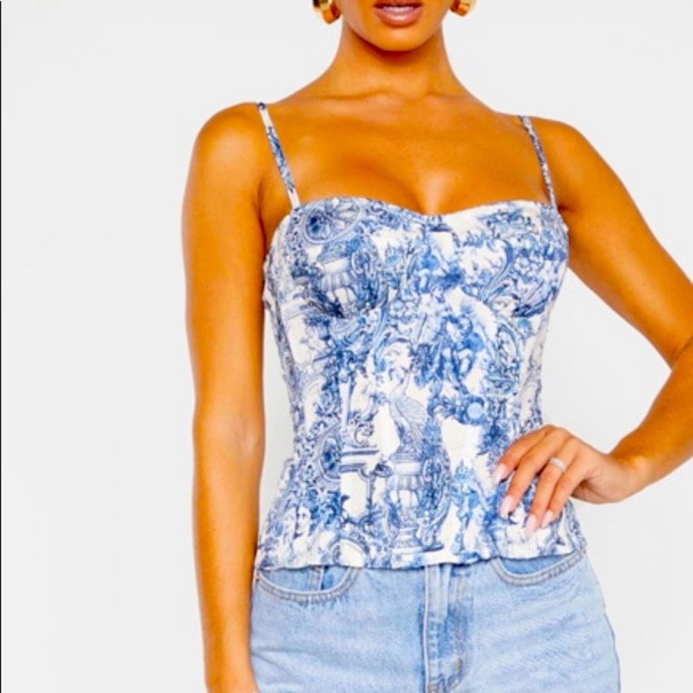 Pretty Little Thing Blue Renaissance Print Structured Corset Top
